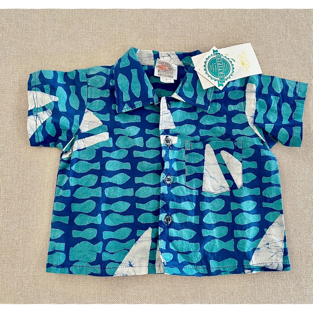 Global Mamas Button-Down Shirt Baby Boy 12M Blue NWT Organic Cotton Sailboat